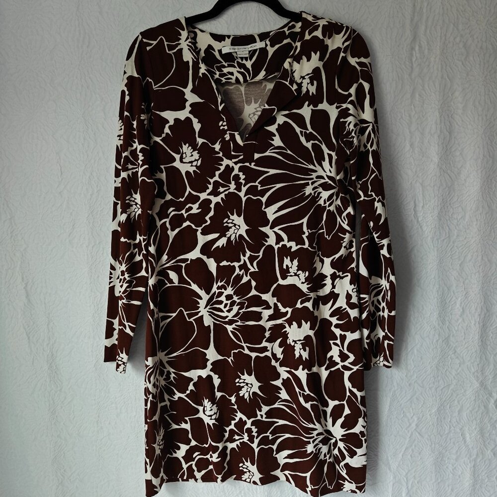 DIANE VON FURSTENBERG DVF Reina Brown Floral Shift Cotton Silk Midi Dress Size 8